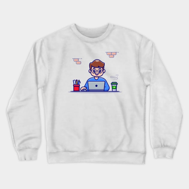 Man Working On Laptop With Coffee And Stationary Crewneck Sweatshirt by Catalyst Labs